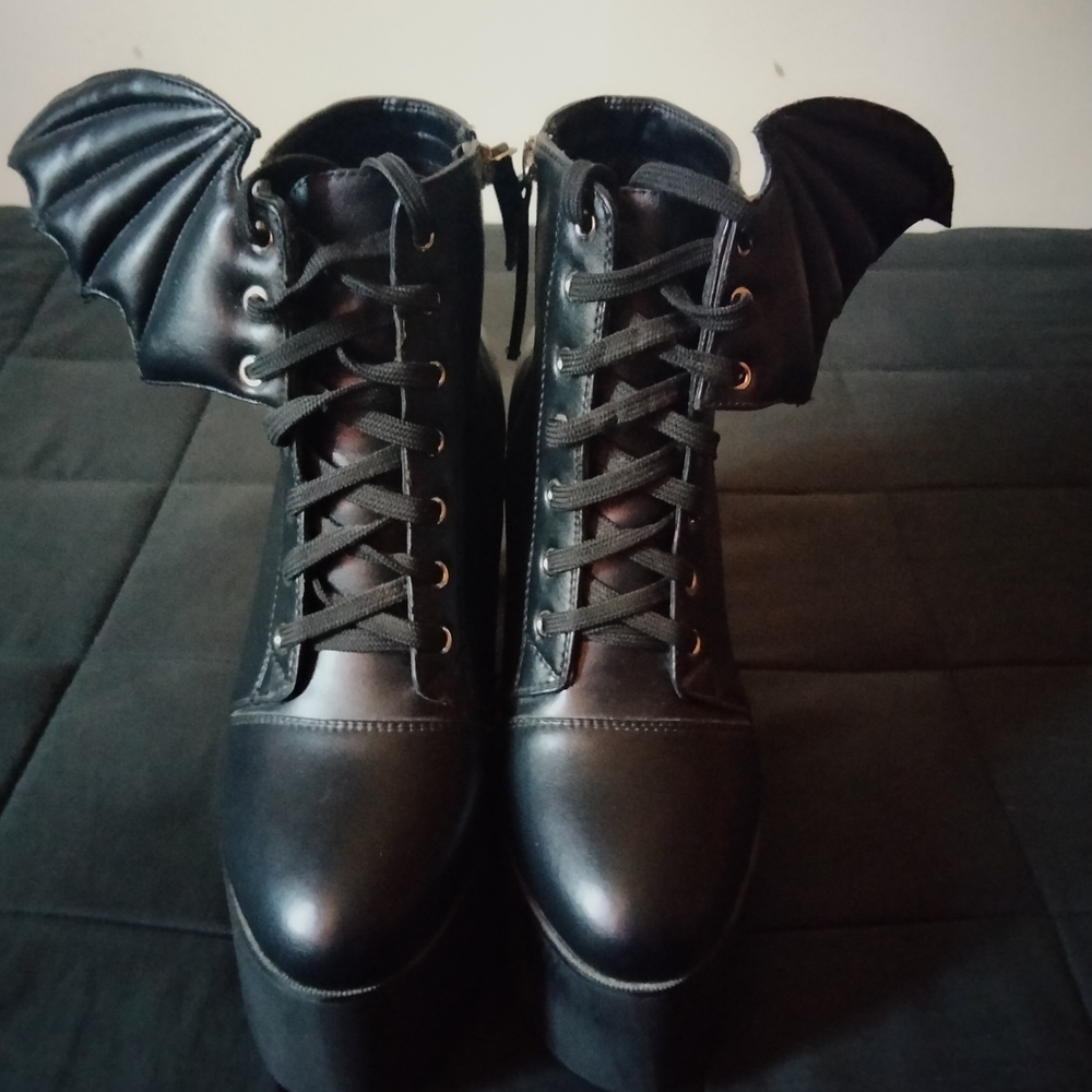 Black Pleather Platform Boots with Bat Wings